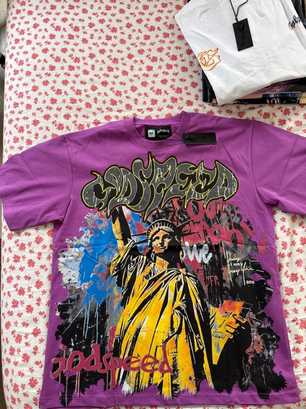 Godspeed - [Large] Grape Purple Graphic Short Sleeve Tee Statue of Liberty Print
